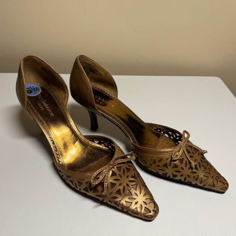 Liz Claiborne Brown Cutout Slingback Heels Pointed Bow Kitten Heel 6.5